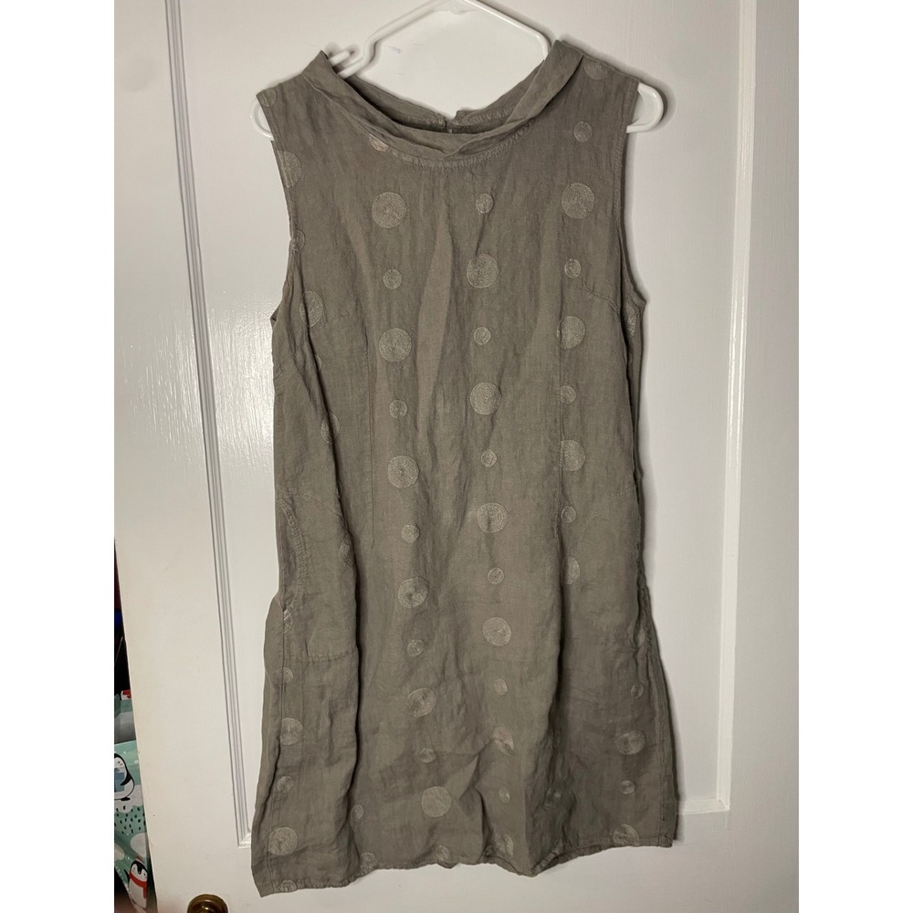 Lina Tomei Linen Dress Size L Taupe Circle Print Sleeveless Made in‎ Italy
